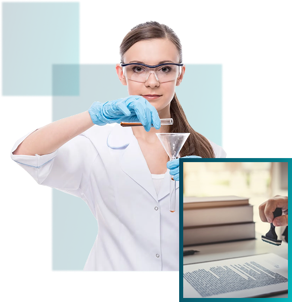 Female scientist pouring liquid into a funnel next to an inset of a hand stamping a document.