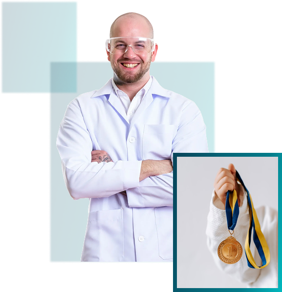 A smiling scientist in a lab coat and safety glasses next to a hand holding a first-place gold medal.