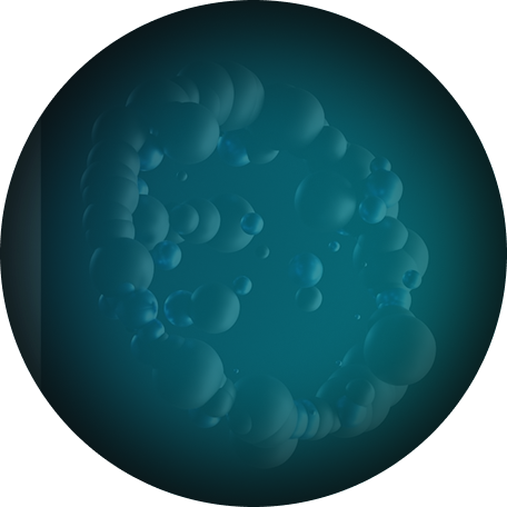 Circular graphic of clusters of teal-colored 3D spheres against a dark gradient background.