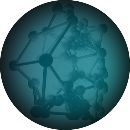 Circular graphic of a teal 3D molecular lattice structure on a dark background.