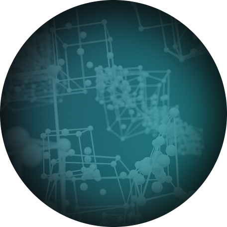 Circular graphic showing teal 3D molecular structures and geometric grid frameworks.