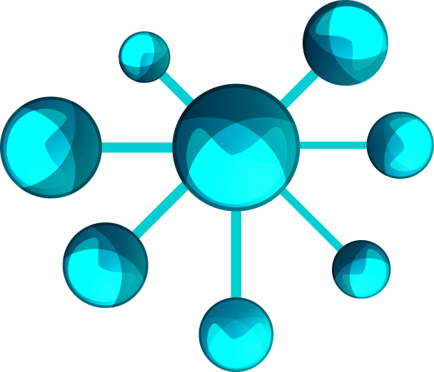 A central blue sphere connected to seven smaller spheres by straight teal lines on a white background.