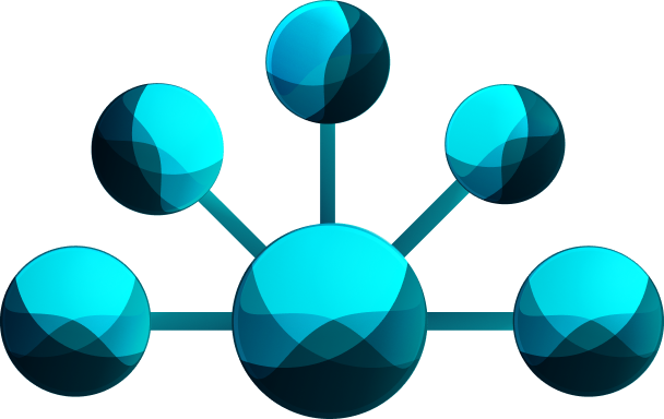 A central blue sphere connected by lines to five surrounding blue spheres in a semi-circular, network-like arrangement.