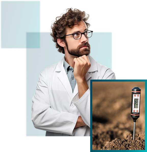 Thinking scientist in a lab coat next to an inset of a digital probe measuring soil temperature.