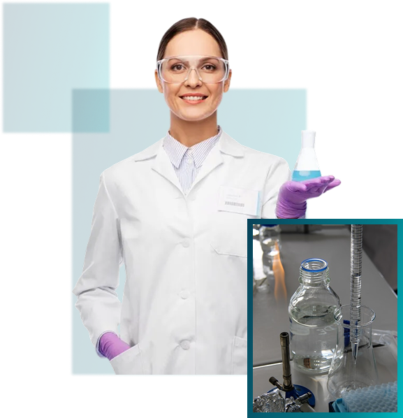 Smiling female scientist in a lab coat holding a blue liquid flask next to an inset of lab glassware.