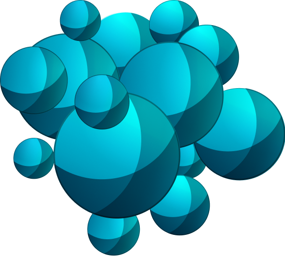 A 3D illustration of a cluster of glossy blue and cyan spheres of various sizes on a white background.