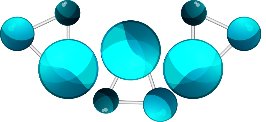 An abstract blue molecular structure featuring multiple interconnected spheres of varying sizes linked by thin grey rods against a white background.