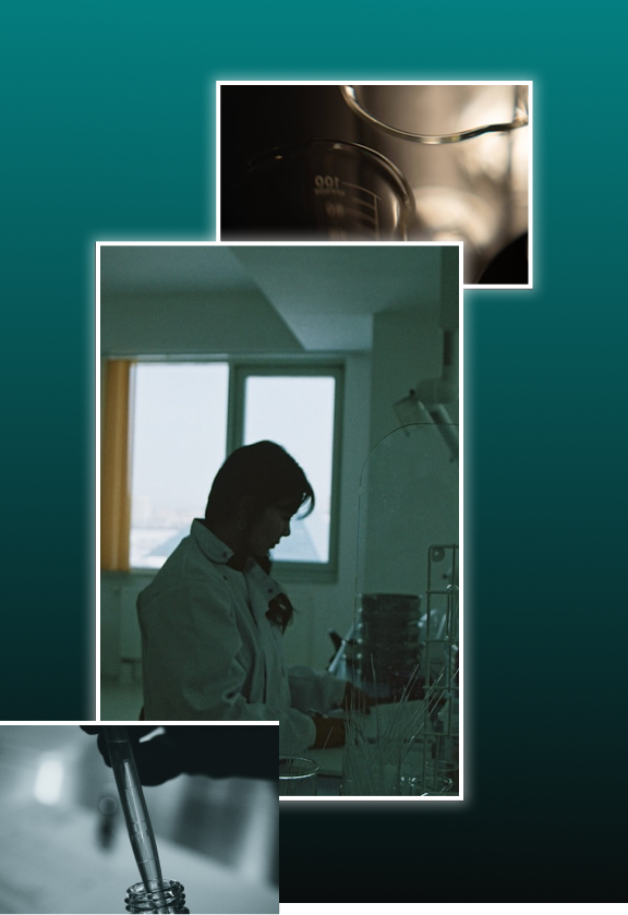 A collage of laboratory images featuring a scientist, glassware, and a pipette.