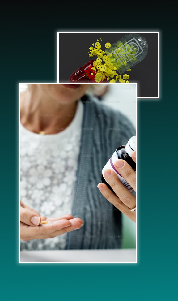 Collage showing a woman holding a pill bottle and an open capsule spilling yellow smiley faces.