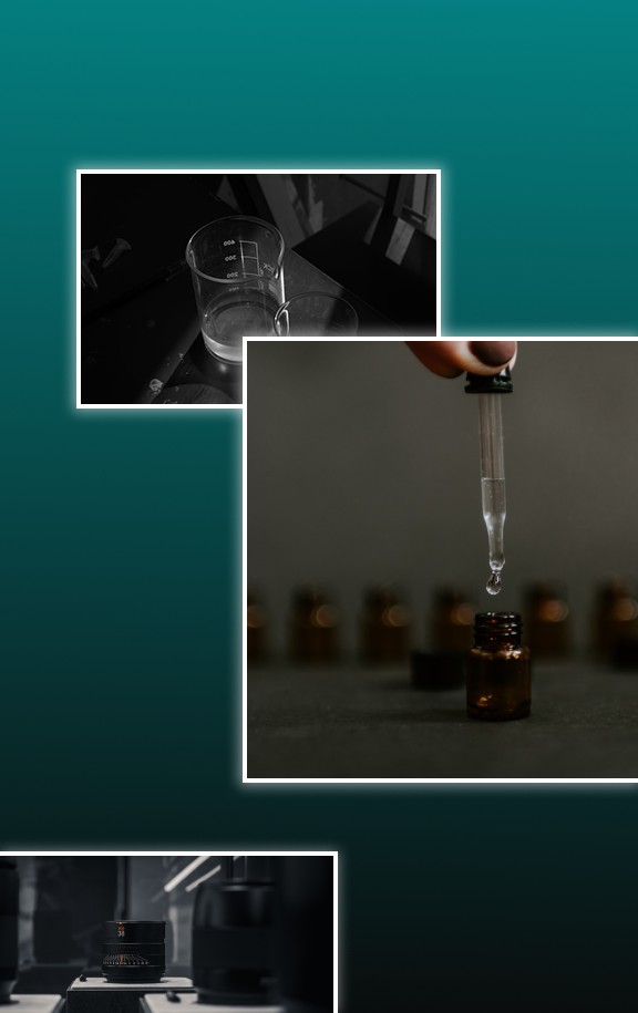 Collage showing laboratory glassware and a liquid dropper dripping into a small amber bottle.