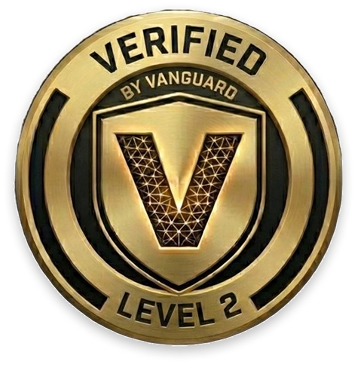 A circular gold badge with the text "Verified by Vanguard Level 2" and a central shield containing a large letter "V".