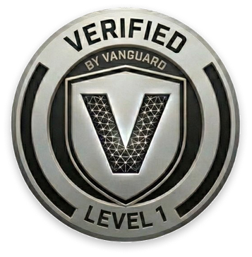 A circular metallic badge with the text "Verified by Vanguard Level 1" featuring a central shield with a large letter "V".