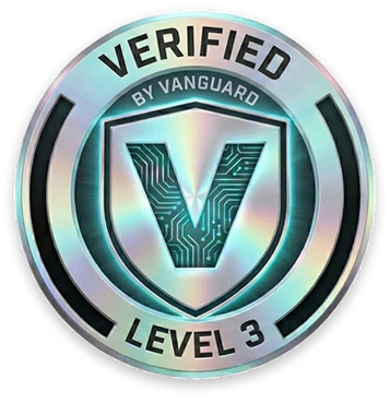 Iridescent circular badge for "Verified by Vanguard Level 3"
