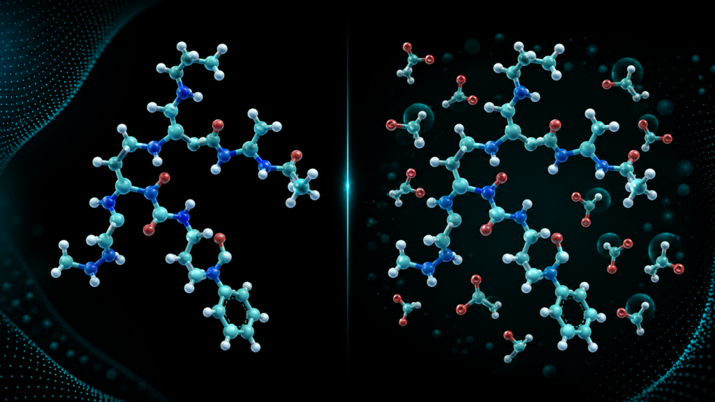 Side-by-side molecular models illustrating different chemical forms of the same peptide