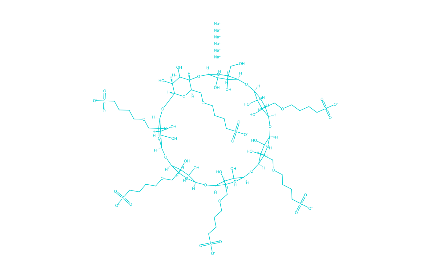 2D structure of sulfobutylether-beta-cyclodextrin drawn in Vanguard Laboratory colors